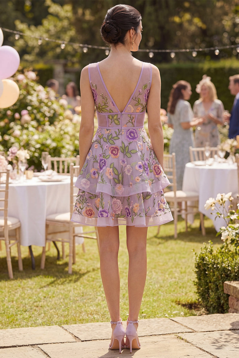 Laden Sie das Bild in den Galerie-Viewer, Flieder A-Linie Tüll Besticktes Blumen V-Ausschnitt Mini Cocktailkleid
