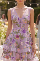 Laden Sie das Bild in den Galerie-Viewer, Flieder A-Linie Tüll Besticktes Blumen V-Ausschnitt Mini Cocktailkleid