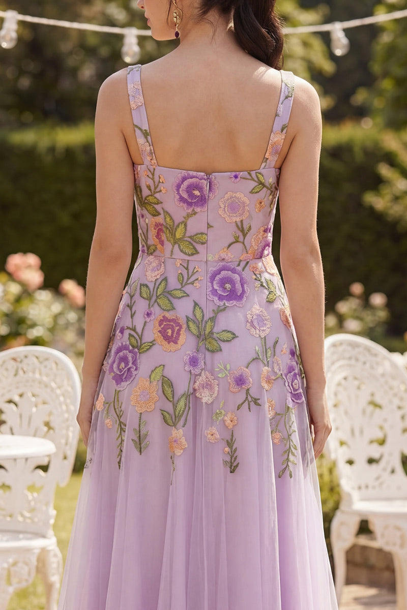 Laden Sie das Bild in den Galerie-Viewer, Flieder-Tüll-A-Linie besticktes quadratisches Midi-Kleid mit Blumenausschnitt