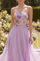 Laden Sie das Bild in den Galerie-Viewer, Trägerloses, fliederfarbenes Tüll-A-Line-besticktes Blumen-Midi-Kleid