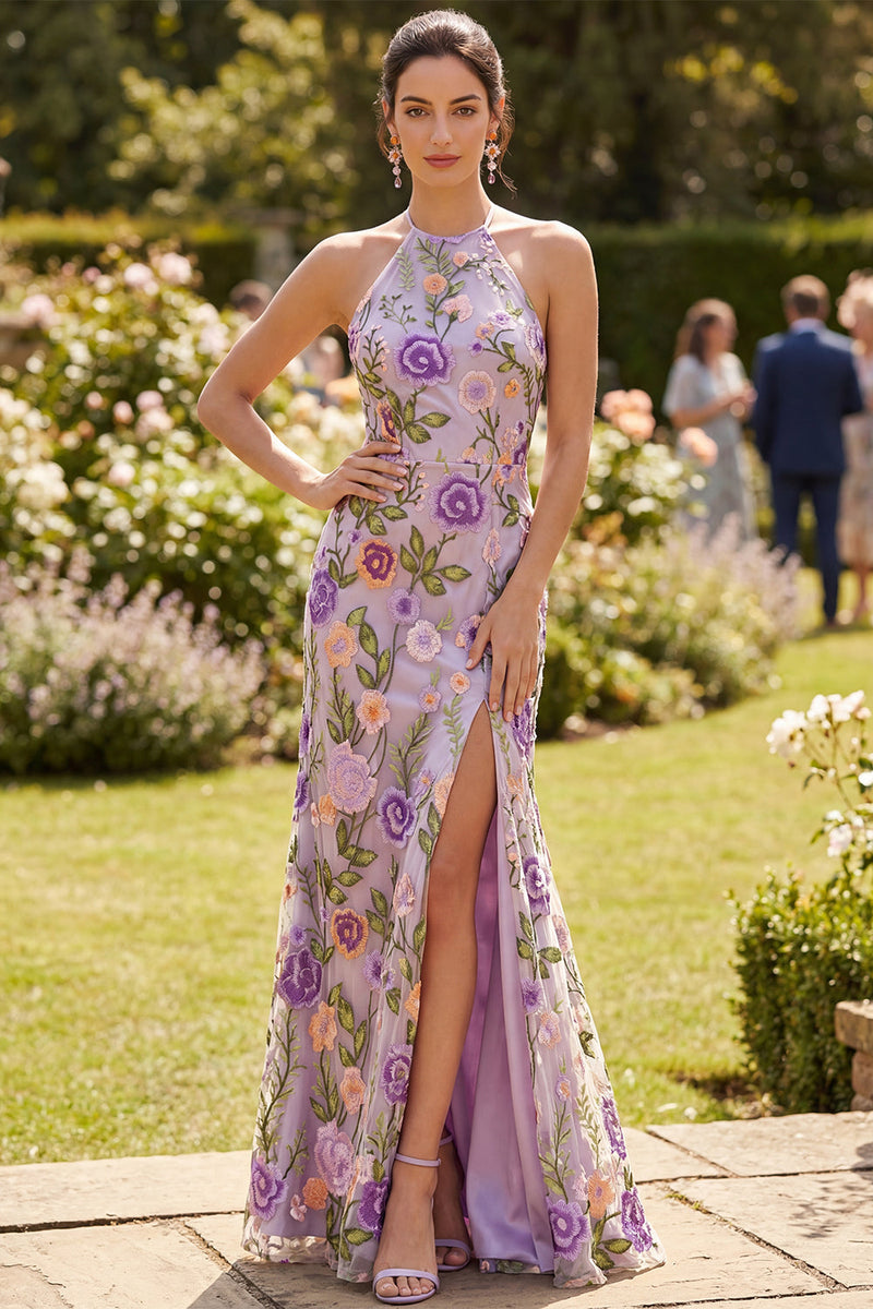 Laden Sie das Bild in den Galerie-Viewer, Meerjungfrauenlila Halterhals Tüllbesticktes langes Blumenkleid mit Schlitz