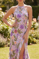 Laden Sie das Bild in den Galerie-Viewer, Meerjungfrauenlila Halterhals Tüllbesticktes langes Blumenkleid mit Schlitz