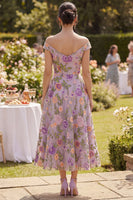 Laden Sie das Bild in den Galerie-Viewer, A-Linie abseits der Schulter, lila Tüll besticktes Midi-Blumenkleid