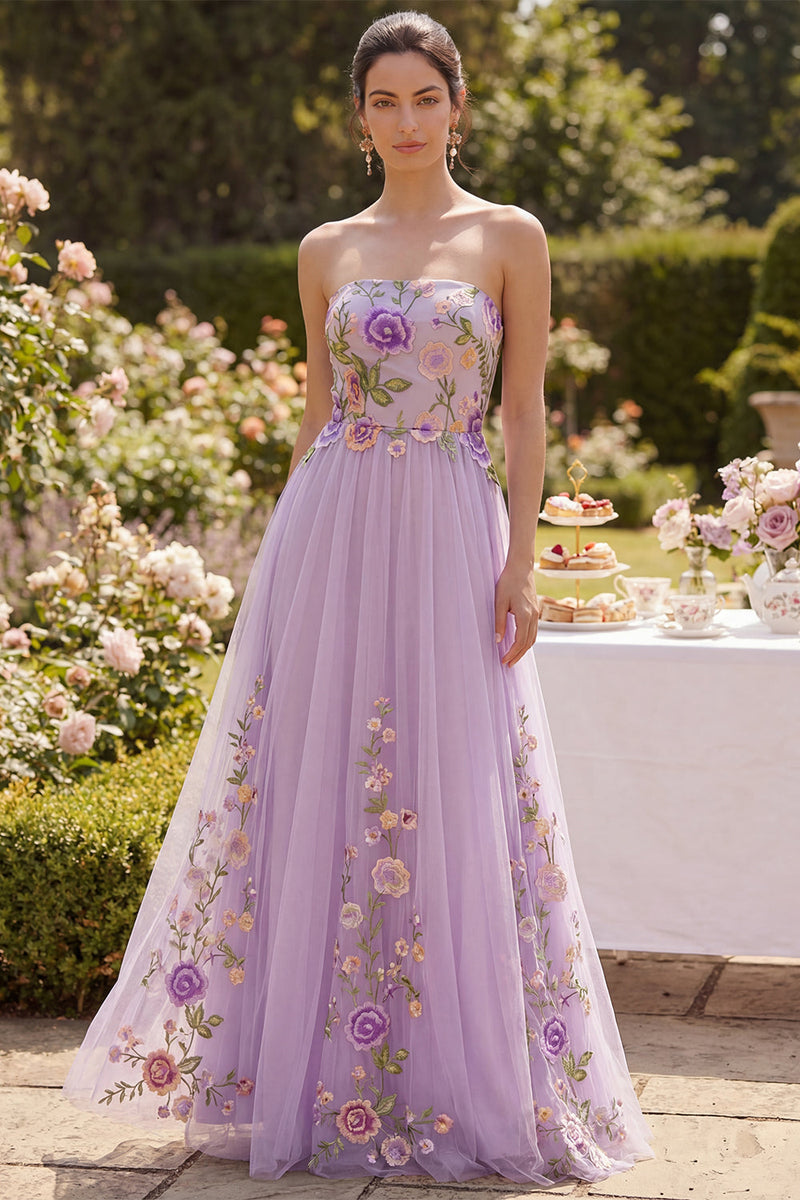 Laden Sie das Bild in den Galerie-Viewer, Flieder Trägerloses Tüll A-Linie Besticktes Langes Blumenkleid