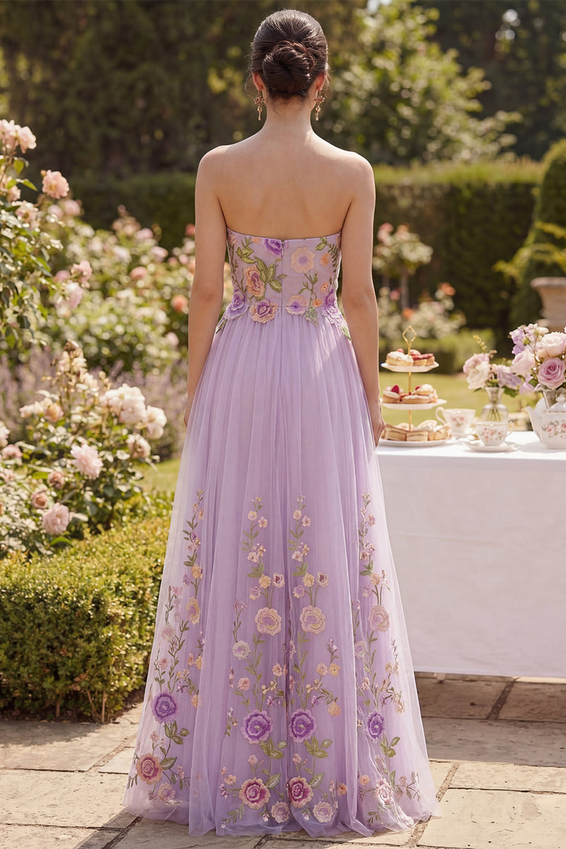 Laden Sie das Bild in den Galerie-Viewer, Flieder Trägerloses Tüll A-Linie Besticktes Langes Blumenkleid