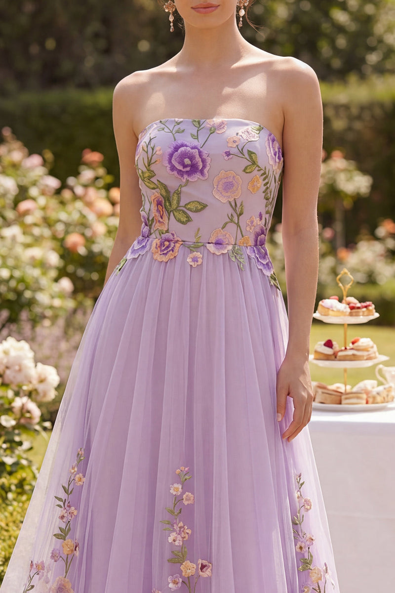 Laden Sie das Bild in den Galerie-Viewer, Flieder Trägerloses Tüll A-Linie Besticktes Langes Blumenkleid