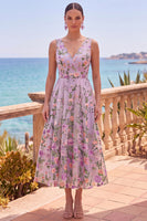 Laden Sie das Bild in den Galerie-Viewer, Flieder V-Ausschnitt Tüll A-Linie Besticktes Blumen Midi-Kleid