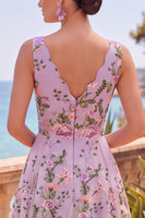 Laden Sie das Bild in den Galerie-Viewer, Flieder V-Ausschnitt Tüll A-Linie Besticktes Blumen Midi-Kleid