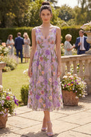 Laden Sie das Bild in den Galerie-Viewer, Flieder V-Ausschnitt Tüll A-Linie Besticktes Blumen Midi-Kleid
