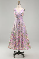 Laden Sie das Bild in den Galerie-Viewer, Flieder V-Ausschnitt Tüll A-Linie Besticktes Blumen Midi-Kleid