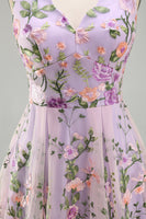 Laden Sie das Bild in den Galerie-Viewer, Flieder V-Ausschnitt Tüll A-Linie Besticktes Blumen Midi-Kleid