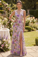 Laden Sie das Bild in den Galerie-Viewer, Lila V-Ausschnitt Tüll Meerjungfrauen Besticktes Langes Blumenkleid mit Schlitz