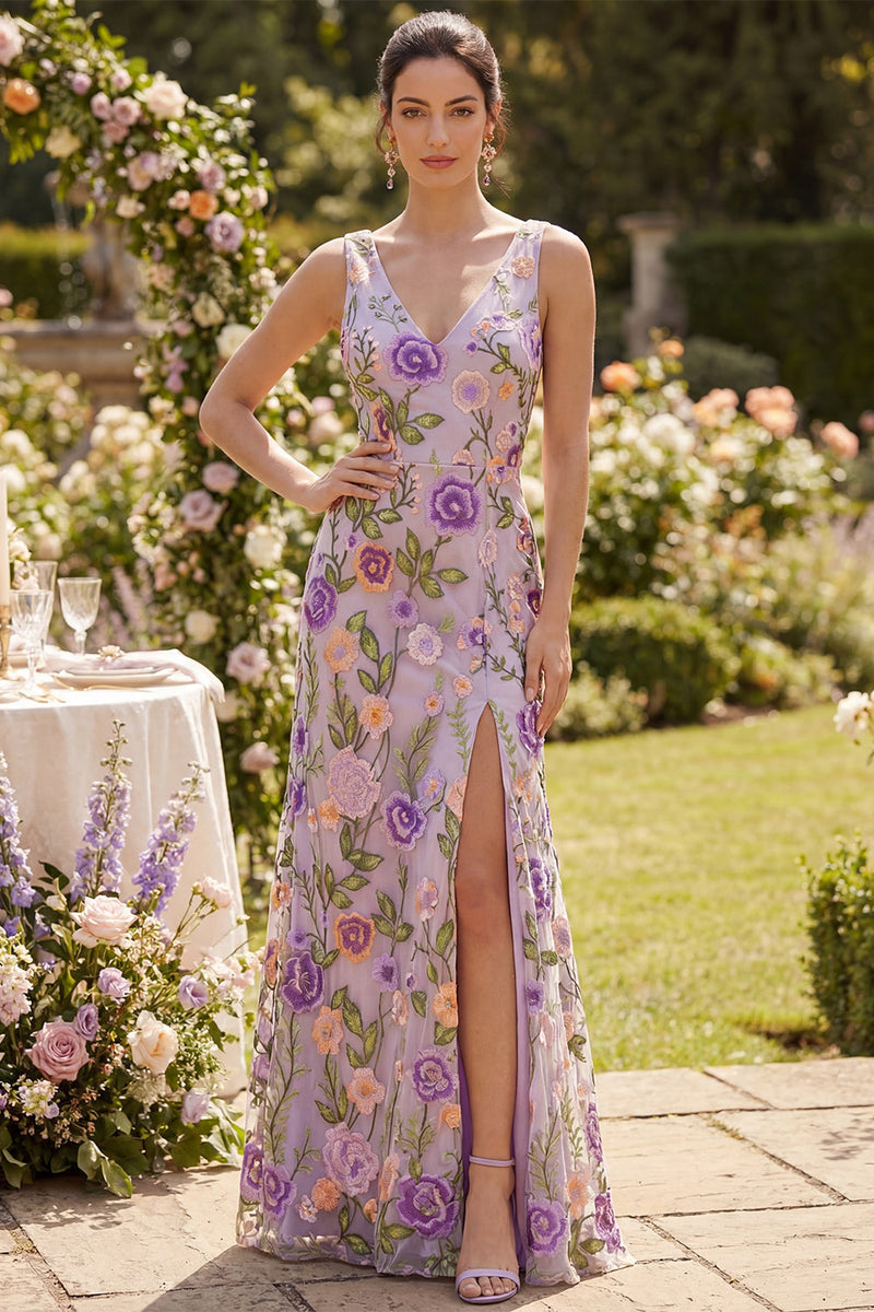 Laden Sie das Bild in den Galerie-Viewer, Lila V-Ausschnitt Tüll Meerjungfrauen Besticktes Langes Blumenkleid mit Schlitz