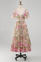 Laden Sie das Bild in den Galerie-Viewer, Blush-V-Ausschnitt Tüll A-Linie besticktes Midi-Blumenkleid mit kurzen Ärmeln
