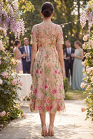 Laden Sie das Bild in den Galerie-Viewer, Blush-V-Ausschnitt Tüll A-Linie besticktes Midi-Blumenkleid mit kurzen Ärmeln