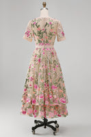 Laden Sie das Bild in den Galerie-Viewer, Blush-V-Ausschnitt Tüll A-Linie besticktes Midi-Blumenkleid mit kurzen Ärmeln