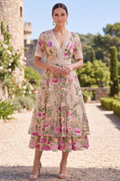 Laden Sie das Bild in den Galerie-Viewer, Blush-V-Ausschnitt Tüll A-Linie besticktes Midi-Blumenkleid mit kurzen Ärmeln