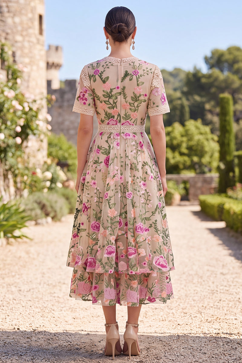 Laden Sie das Bild in den Galerie-Viewer, Blush-V-Ausschnitt Tüll A-Linie besticktes Midi-Blumenkleid mit kurzen Ärmeln