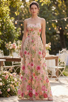 Laden Sie das Bild in den Galerie-Viewer, Blush-Tüll-A-Linie besticktes langes Blumenkleid