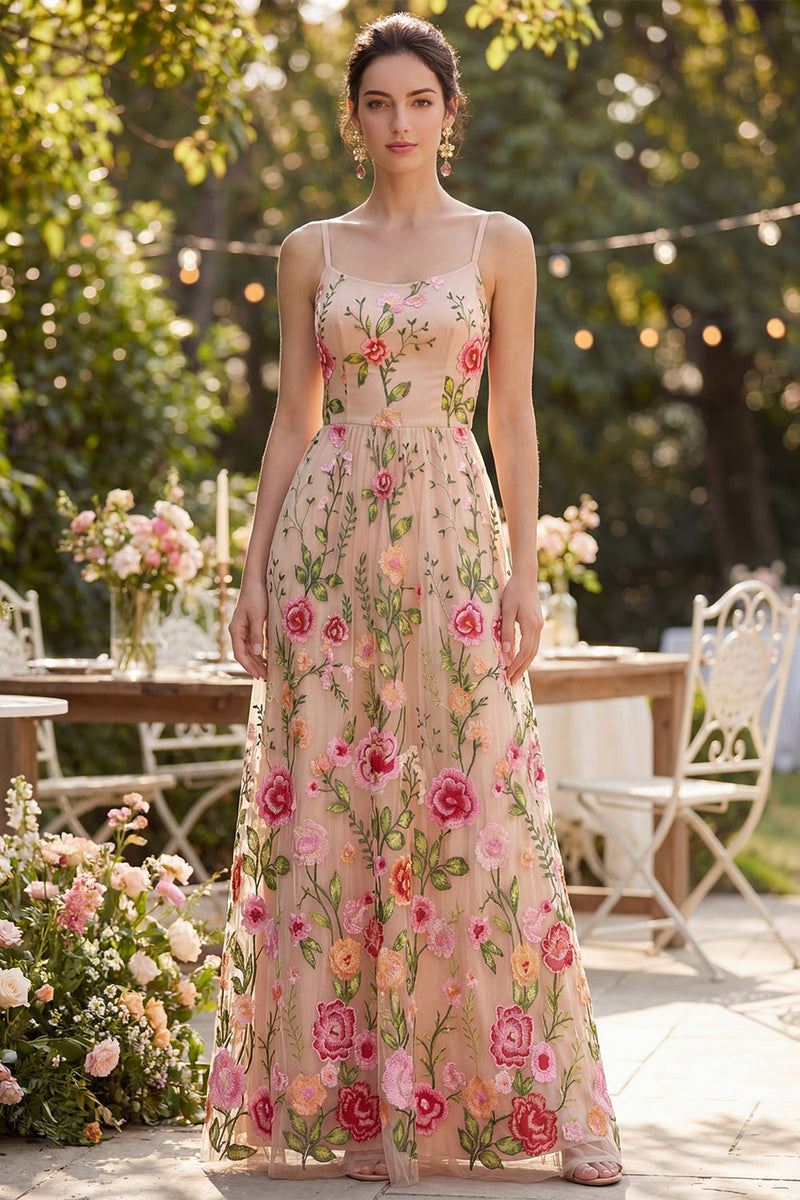 Laden Sie das Bild in den Galerie-Viewer, Blush-Tüll-A-Linie besticktes langes Blumenkleid