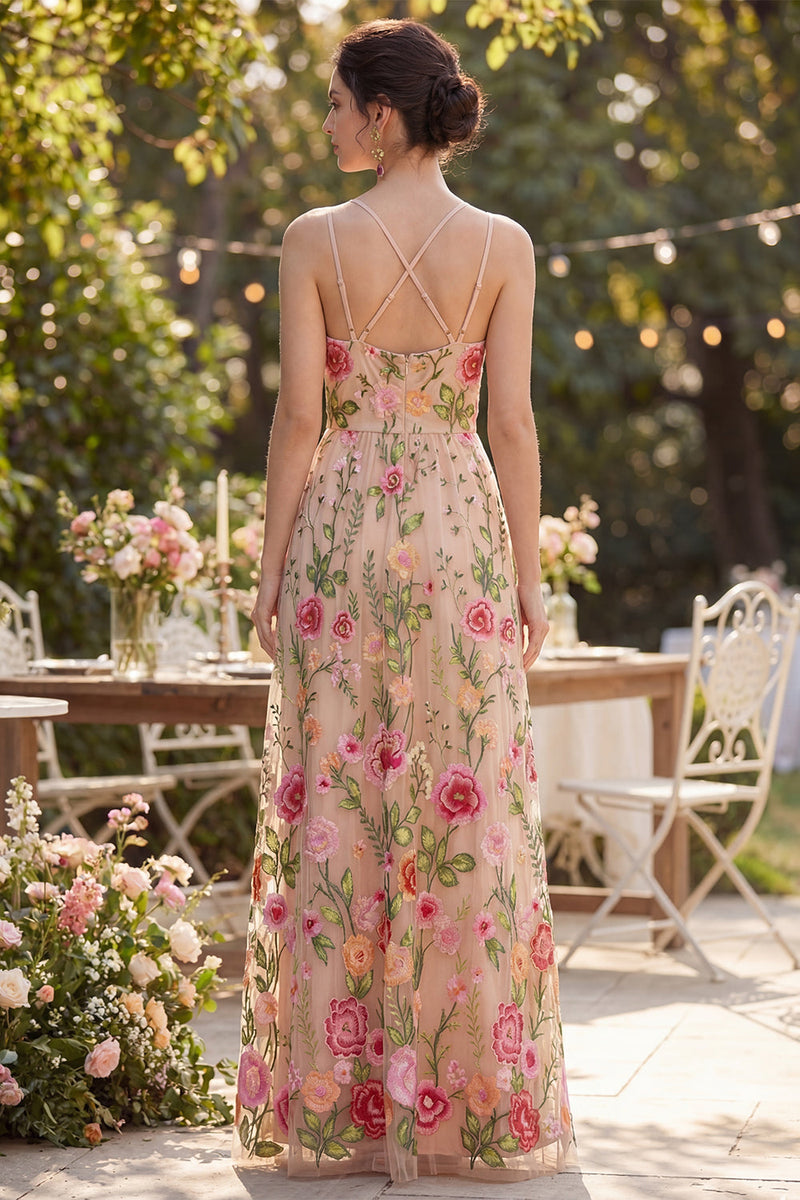 Laden Sie das Bild in den Galerie-Viewer, Blush-Tüll-A-Linie besticktes langes Blumenkleid