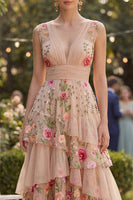 Laden Sie das Bild in den Galerie-Viewer, Blush V-Ausschnitt Tüll A-Linie Gestuftes Langes Besticktes Blumenkleid