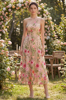 Laden Sie das Bild in den Galerie-Viewer, Tüll-Einschulter-A-Linie gesticktes blumiges Midi-Kleid