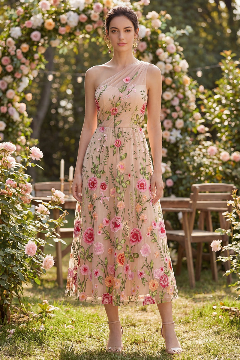 Laden Sie das Bild in den Galerie-Viewer, Tüll-Einschulter-A-Linie gesticktes blumiges Midi-Kleid