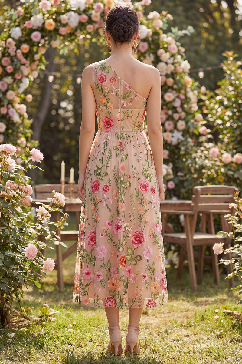 Laden Sie das Bild in den Galerie-Viewer, Tüll-Einschulter-A-Linie gesticktes blumiges Midi-Kleid