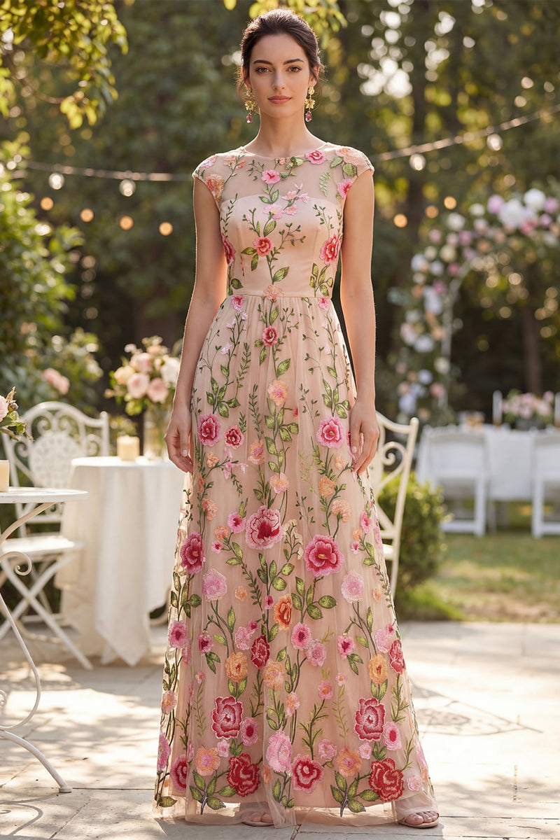Laden Sie das Bild in den Galerie-Viewer, Tüll A-Linie Bateau-Hals Gesticktes Langes Blumenkleid