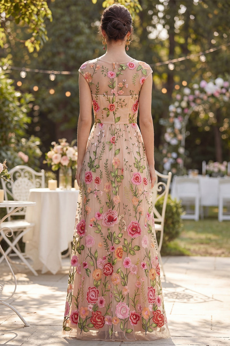 Laden Sie das Bild in den Galerie-Viewer, Tüll A-Linie Bateau-Hals Gesticktes Langes Blumenkleid