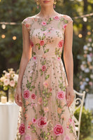 Laden Sie das Bild in den Galerie-Viewer, Tüll A-Linie Bateau-Hals Gesticktes Langes Blumenkleid