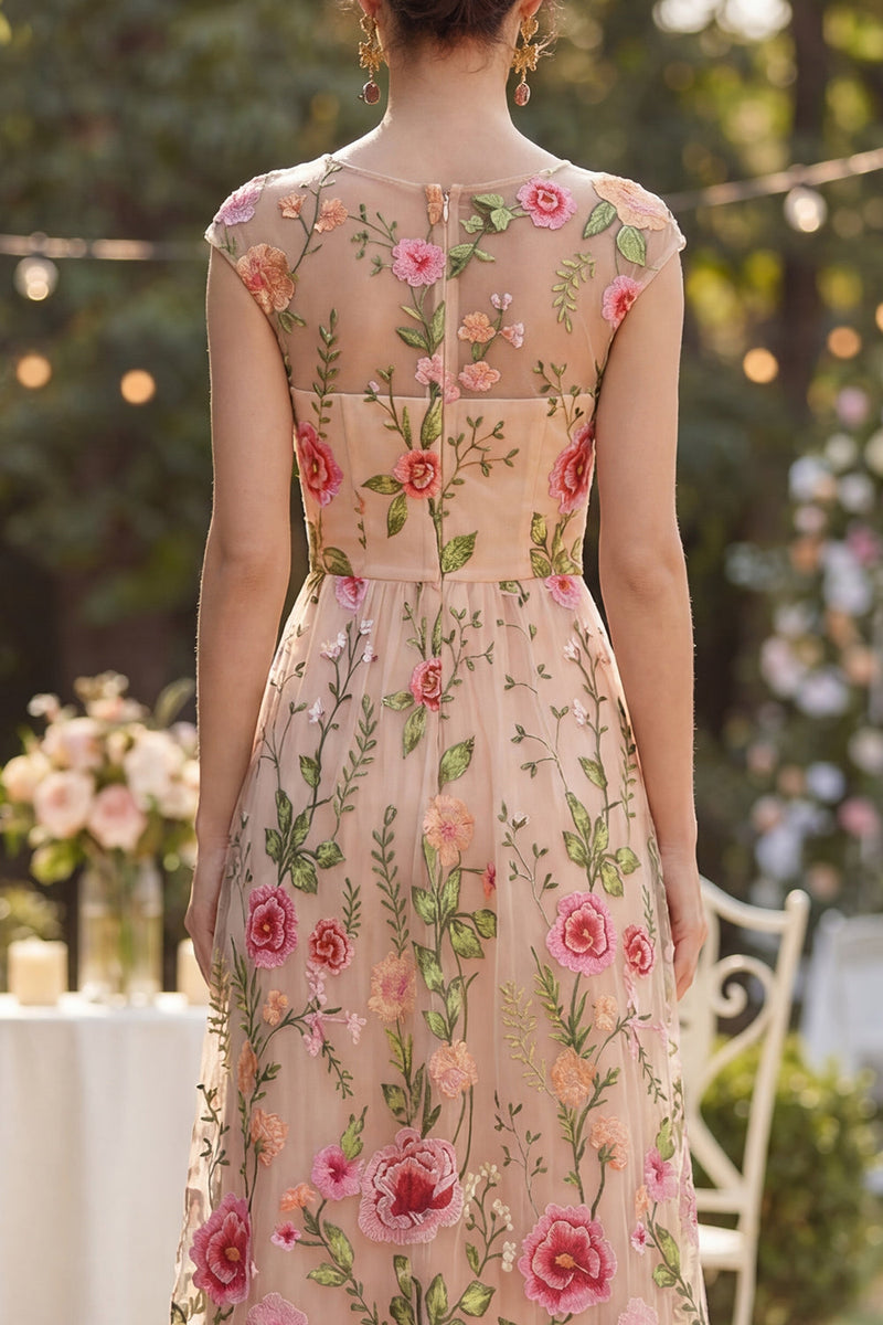 Laden Sie das Bild in den Galerie-Viewer, Tüll A-Linie Bateau-Hals Gesticktes Langes Blumenkleid