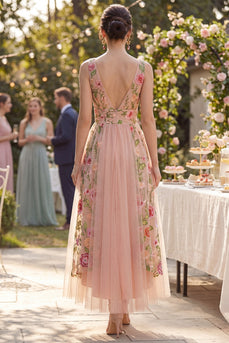 A-Linie Tüll-V-Ausschnitt gesticktes Midi-Blumenkleid