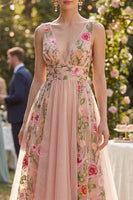 Laden Sie das Bild in den Galerie-Viewer, A-Linie Tüll-V-Ausschnitt gesticktes Midi-Blumenkleid