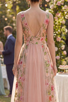 Laden Sie das Bild in den Galerie-Viewer, A-Linie Tüll-V-Ausschnitt gesticktes Midi-Blumenkleid