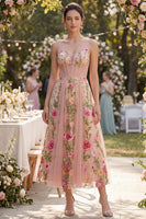 Laden Sie das Bild in den Galerie-Viewer, Blush-A-Linie gesticktes Tüll-V-Ausschnitt-Korsett-Floral-Midi-Kleid