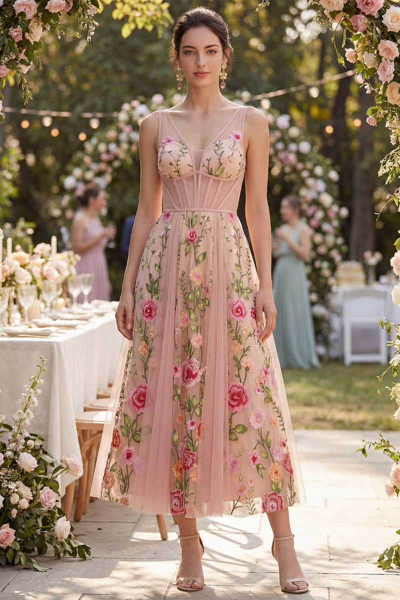 Laden Sie das Bild in den Galerie-Viewer, Blush-A-Linie gesticktes Tüll-V-Ausschnitt-Korsett-Floral-Midi-Kleid