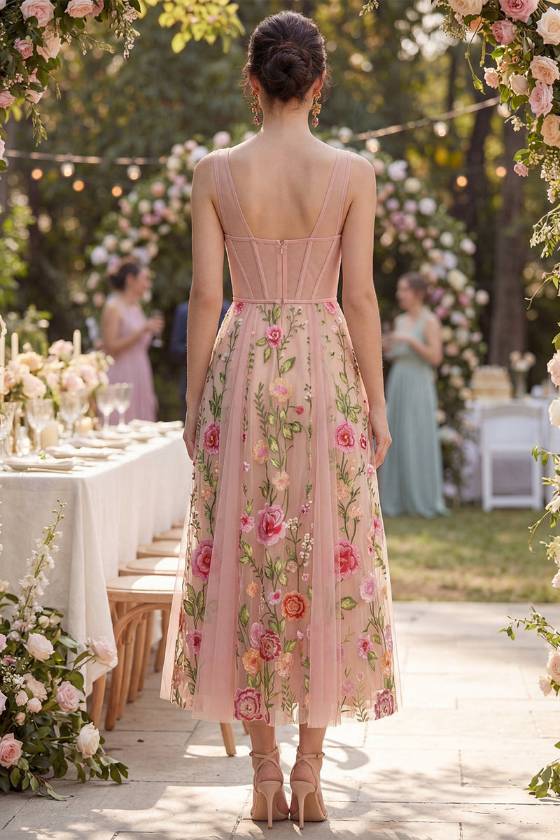 Laden Sie das Bild in den Galerie-Viewer, Blush-A-Linie gesticktes Tüll-V-Ausschnitt-Korsett-Floral-Midi-Kleid