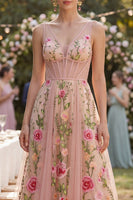 Laden Sie das Bild in den Galerie-Viewer, Blush-A-Linie gesticktes Tüll-V-Ausschnitt-Korsett-Floral-Midi-Kleid