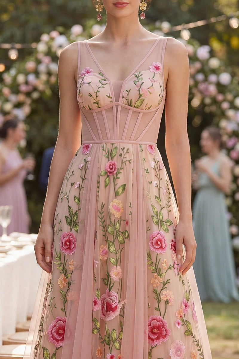 Laden Sie das Bild in den Galerie-Viewer, Blush-A-Linie gesticktes Tüll-V-Ausschnitt-Korsett-Floral-Midi-Kleid