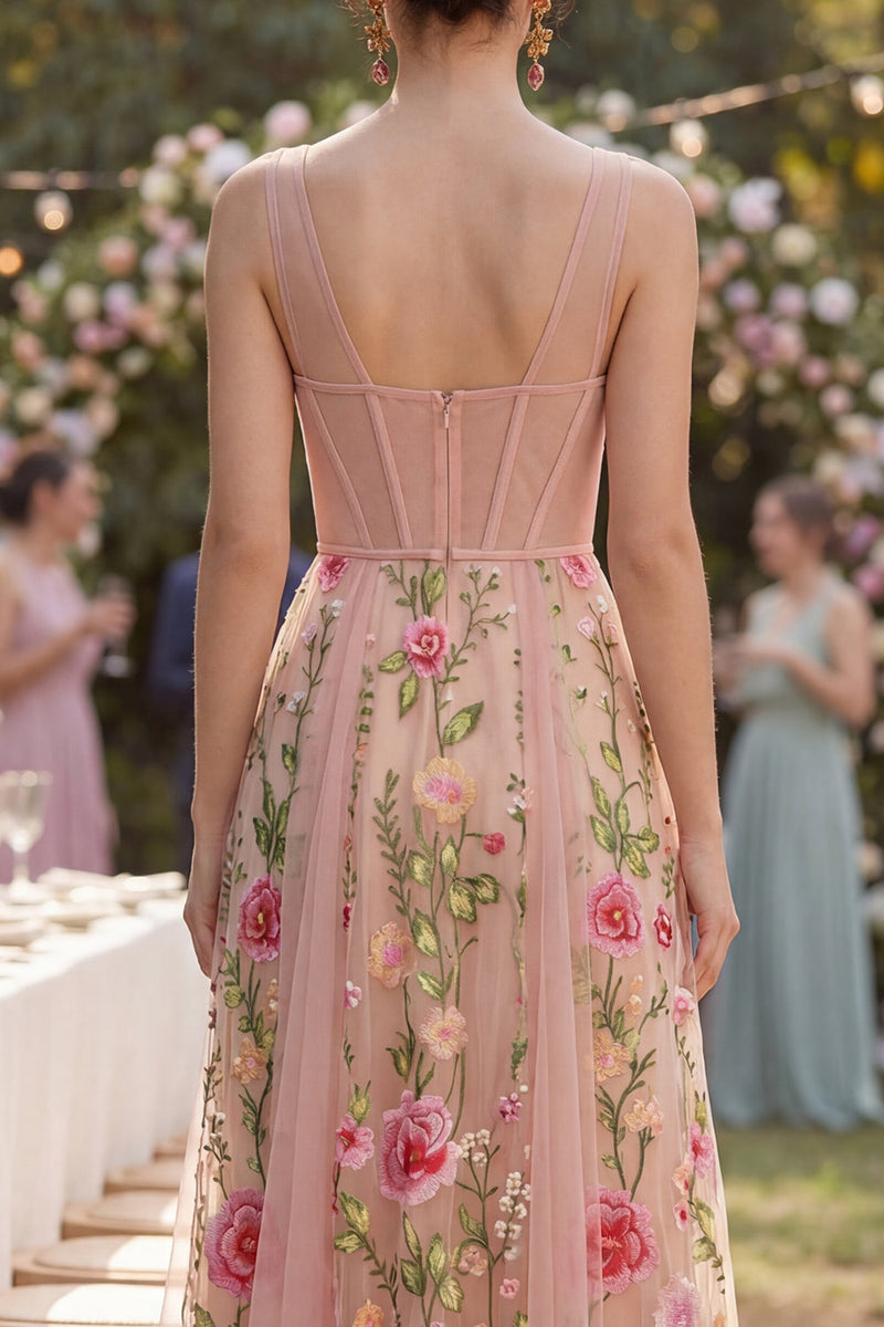 Laden Sie das Bild in den Galerie-Viewer, Blush-A-Linie gesticktes Tüll-V-Ausschnitt-Korsett-Floral-Midi-Kleid