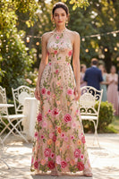 Laden Sie das Bild in den Galerie-Viewer, Blush A-Linie besticktes Tüllnecken-Langblumenkleid
