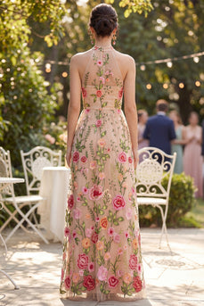 Blush A-Linie besticktes Tüllnecken-Langblumenkleid