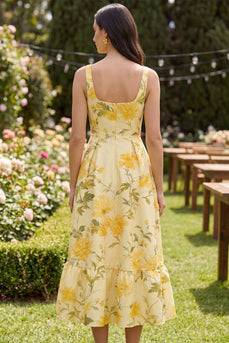Geblümtes gelbes Butter-Quadrat-Hals-A-Linie-Midi-Kleid