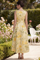 Laden Sie das Bild in den Galerie-Viewer, Gelbes Butter-V-Ausschnitt mit gerafftem A-Linie-Midi-Kleid mit Schleife