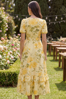 Laden Sie das Bild in den Galerie-Viewer, Gelbe Rüschenbutter-Puffärmel Ein geblümtes Midikleid mit Schleife