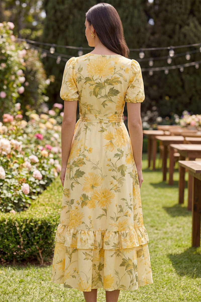Laden Sie das Bild in den Galerie-Viewer, Gelbe Rüschenbutter-Puffärmel Ein geblümtes Midikleid mit Schleife