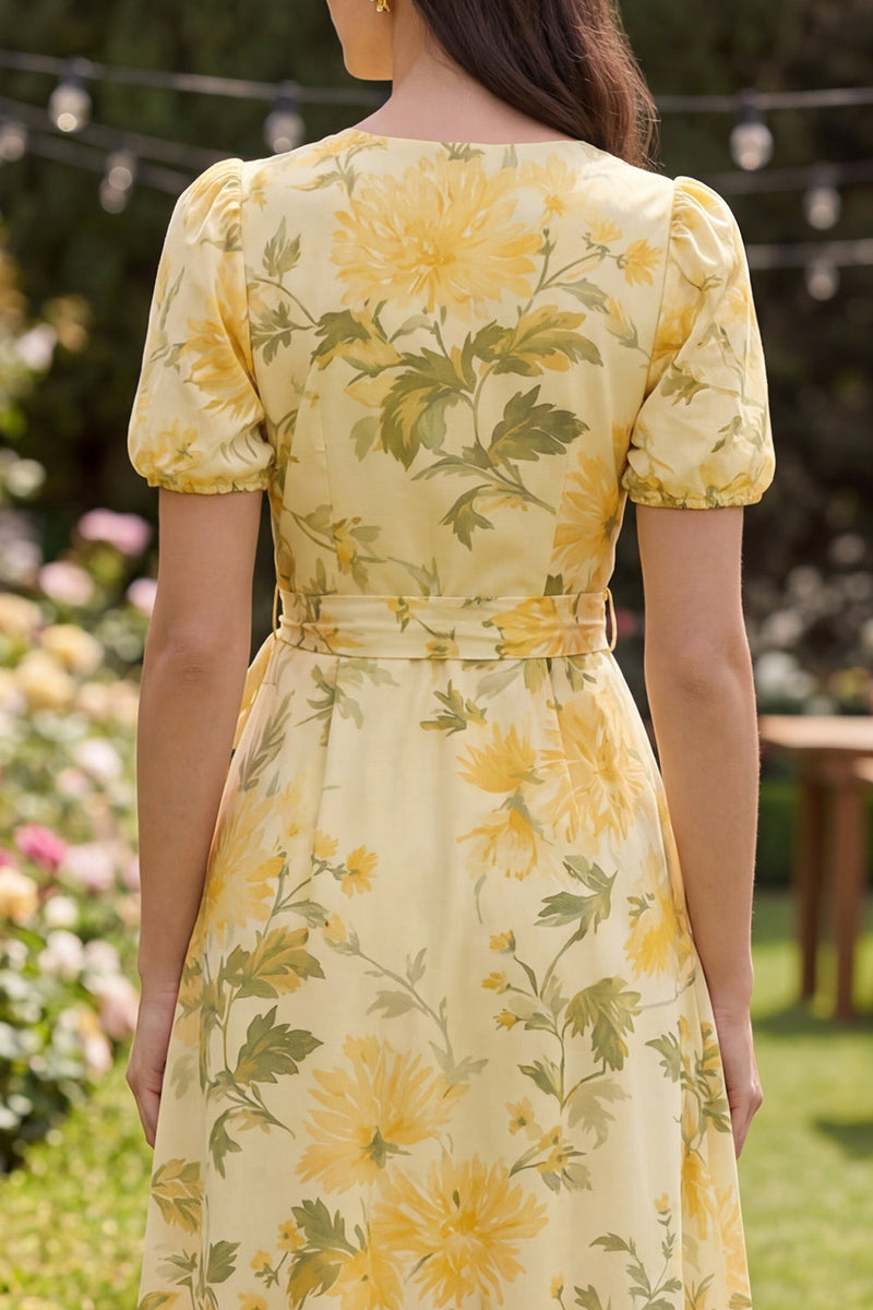 Laden Sie das Bild in den Galerie-Viewer, Gelbe Rüschenbutter-Puffärmel Ein geblümtes Midikleid mit Schleife
