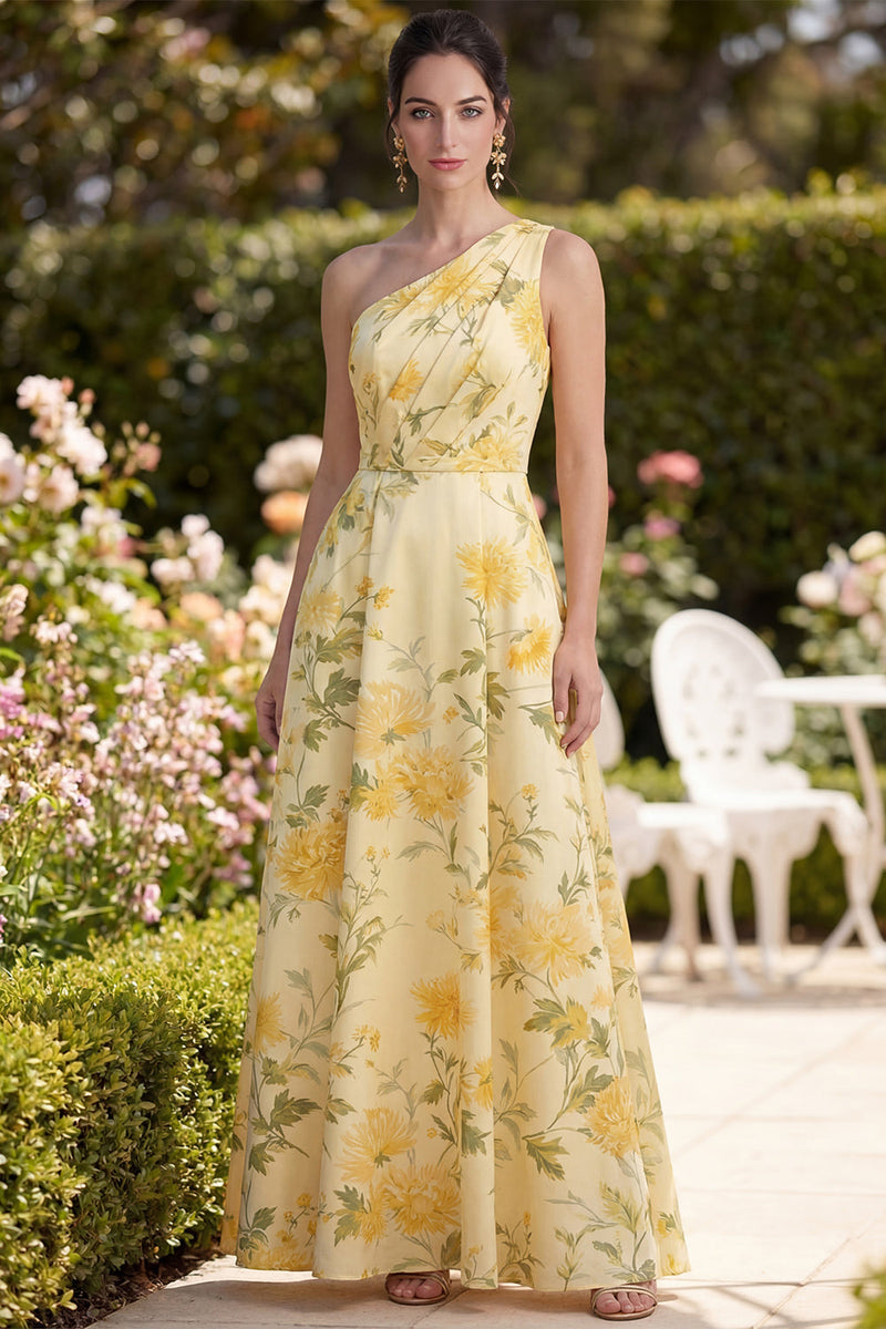 Laden Sie das Bild in den Galerie-Viewer, Buttergelbes, einschulterig, gefaltetes Blumenmuster A-Linie Maxikleid
